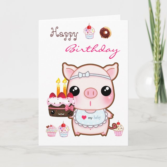 Pasteles de cerdo y kawaii - tarjeta de cumpleaños (Anverso)