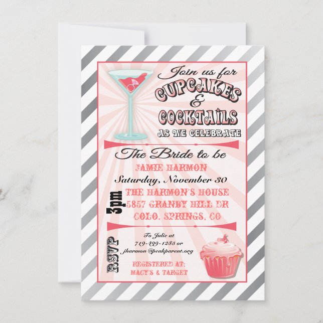 Pasteles y cócteles Invitaciones a la ducha de nov (Anverso)