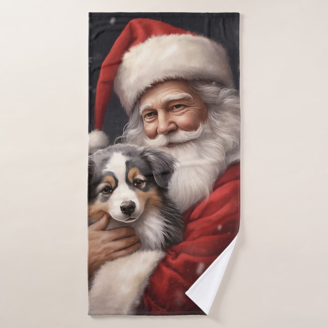 Pastor australiano con Navidades de Santa Claus (Toalla de baño)