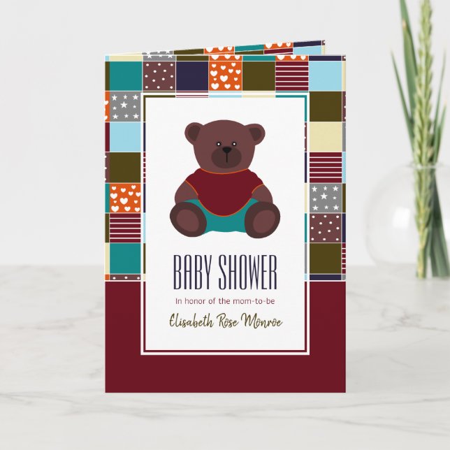 Patchwork Teddy Bear, Invitación de Baby Shower (Anverso)