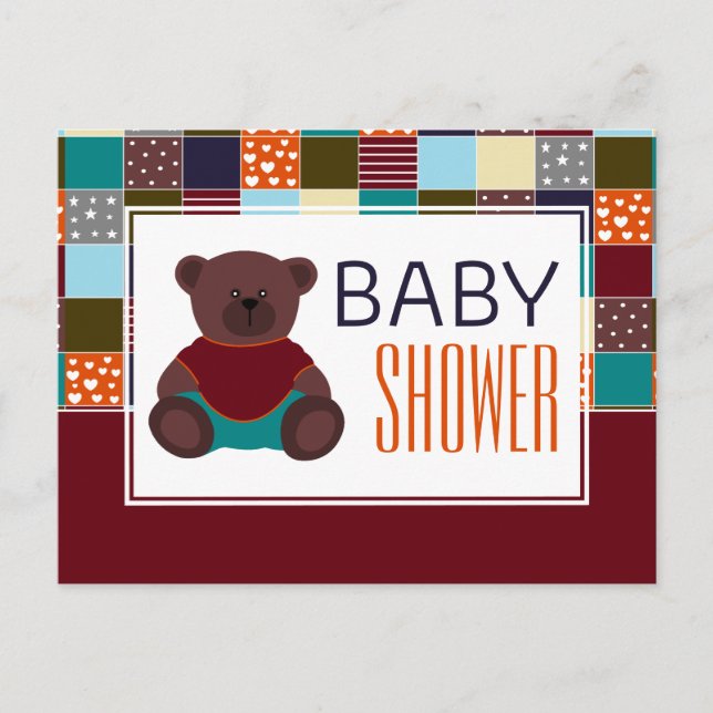 Patchwork Teddy Bear, Invitación de Baby Shower (Anverso)