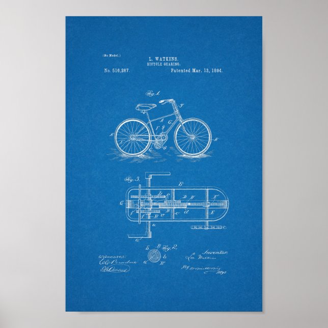 Patente de Bicicletas Vintage de 1894 Impresión de (Frente)