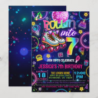 Patinaje de Neon Roller Invitación de cumpleaños 7
