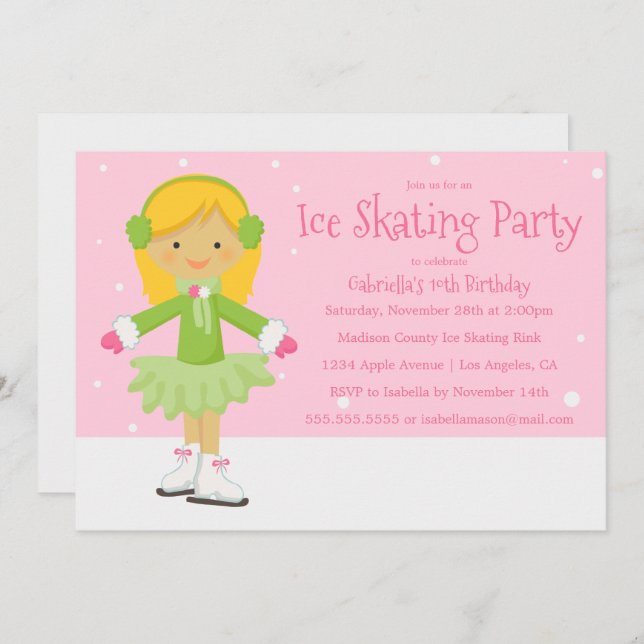 Patinaje Sobre Hielo Rosado | Invitación a fiesta  (Anverso / Reverso)