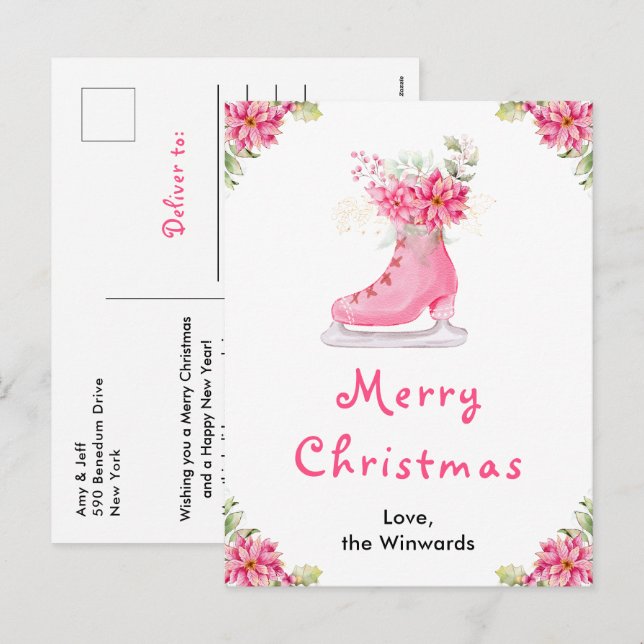 Patines de hielo florales rosa Feliz Navidad (Anverso / Reverso)