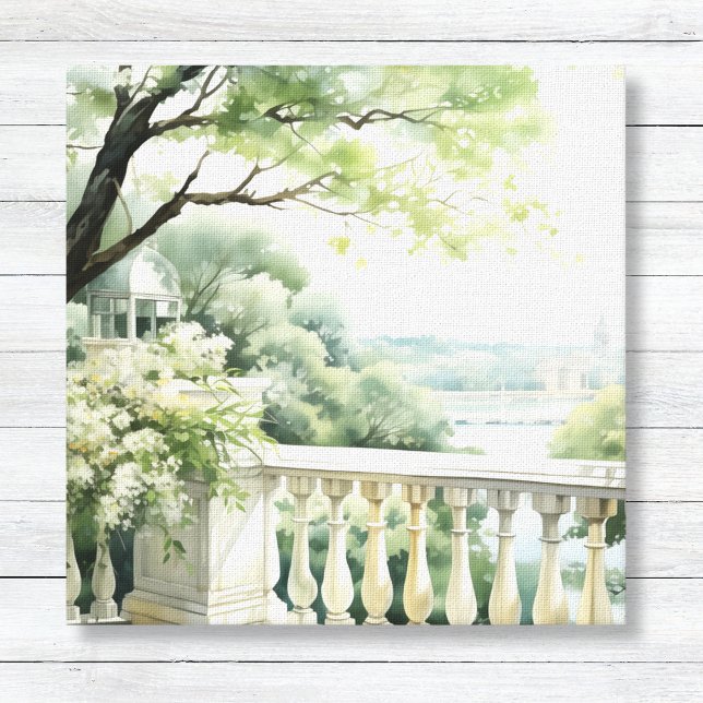 Patio Gazebo Ver Canvas de arte acuático (Patio Garden Watercolor - Lake View Wall Art Canvas - Bright White and Soft Green Willow)