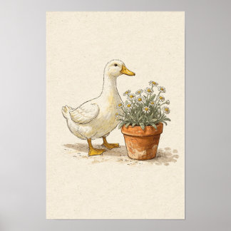 Pato Blanco y Margaritas en Maceta - Arte de Pared