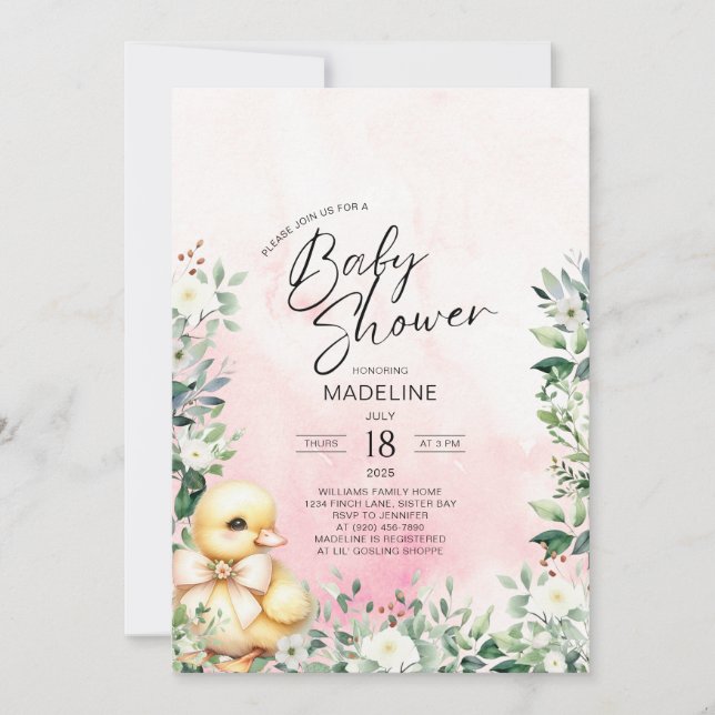 Pato con invitación a Baby Shower de Chica rosado  (Anverso)
