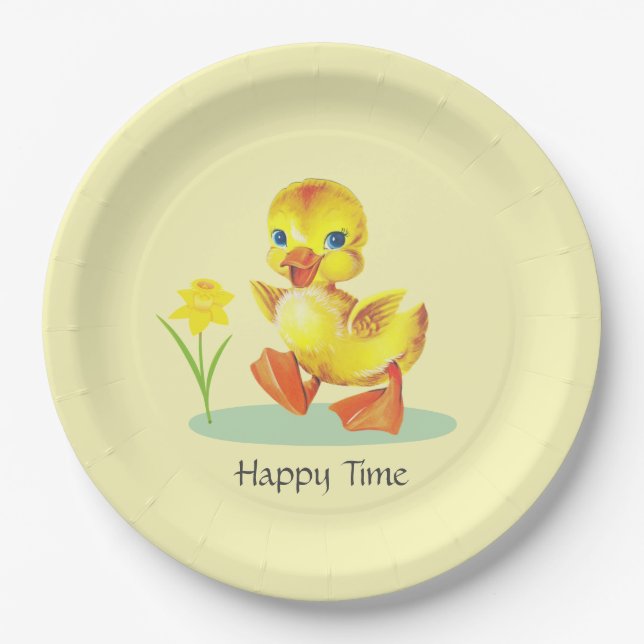Pato Feliz en Plato de Papel de Fiesta Amarillo Cl (Anverso)