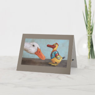 pato vivo y tarjeta de pato de juguete antiguo