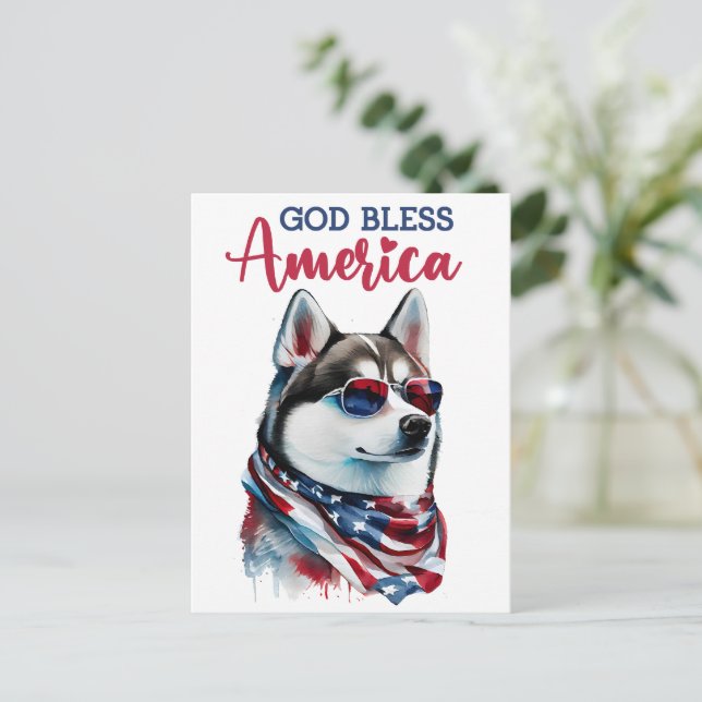 Patriótico Husky, Dios bendiga la postal de Estado (Anverso de pie)