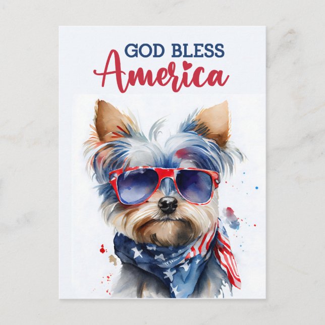 Patriótico Perro Yorkie, Dios bendiga la postal de (Anverso)