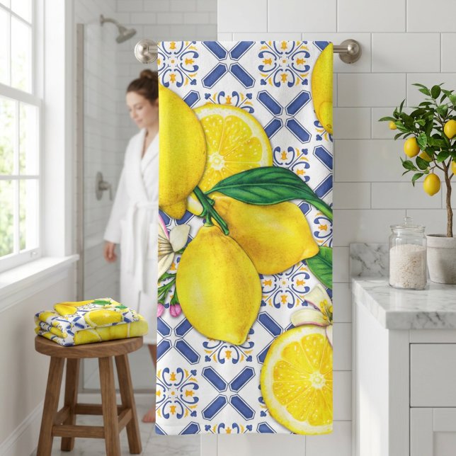 Patrón acuarela de lemas mediterráneos (Pretty Watercolor Lemons & Blue Stripes Bath Towel)