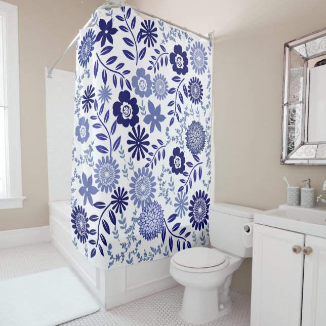 Patrón azul y blanco Cortina de ducha floral (In situ)