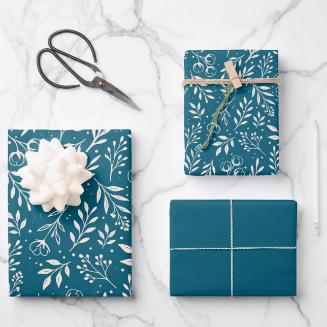 Patrón botánico Azul profundo - Conjunto de papel  (Anverso)