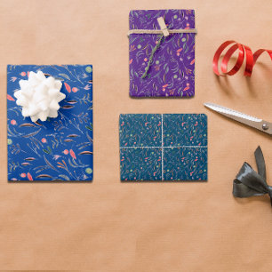 Patrón botánico deja papel de envoltura azul púrpu