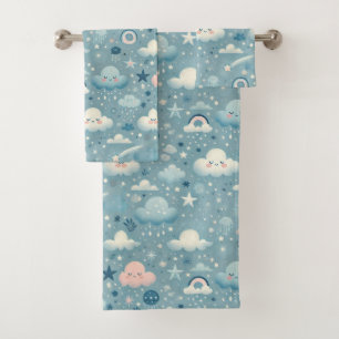 Patrón caprichoso de cielo con nubes, estrellas -