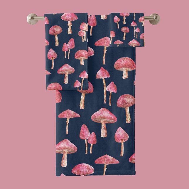 Patrón de acuarela para hongos (Pink mushroom patterned towel set.)