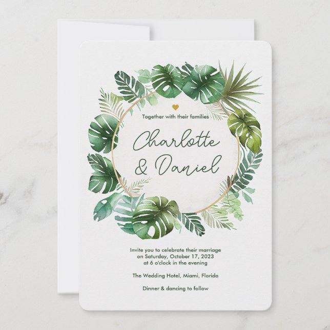 Patrón de acuarela tópico | Invitación a la boda (Anverso)