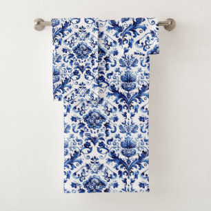 Patrón de adorno floral de estilo Delft azul y bla