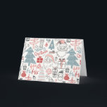 Patrón de árbol de navidad Santa caprichoso<br><div class="desc">Esta tarjeta de Navidades en blanco adorable presenta un divertido y caprichoso patrón de ilustraciones Santa,  árboles y regalos en rosa,  rojo y verde azulado.</div>