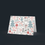 Patrón de árbol de navidad Santa caprichoso<br><div class="desc">Esta tarjeta de Navidades en blanco adorable presenta un divertido y caprichoso patrón de ilustraciones Santa,  árboles y regalos en rosa,  rojo y verde azulado.</div>