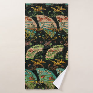 Patrón de Arte Floral de Grulla y Abanico Japonés