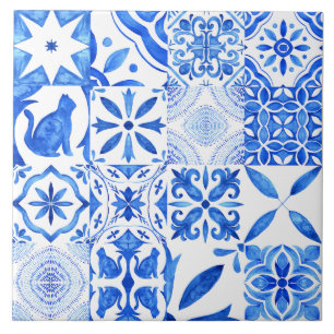 Patrón de azulejo blanco azul mediterráneo acuarel