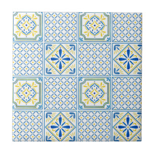 Patrón de azulejos mediterráneos azul y amarillo