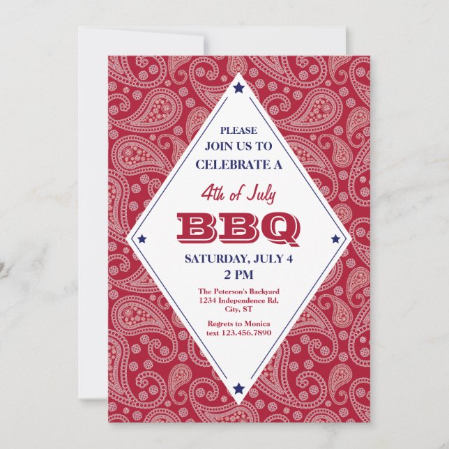 Patrón de Bandana 4 de julio Invitación a barbacoa (Anverso)