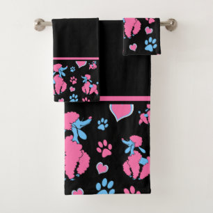 Patrón de Caniche Rosa y Azul sobre Fondo Negro