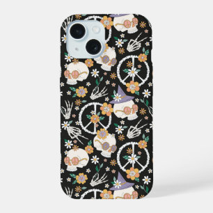 Patrón de cráneos y flores de Halloween hippie