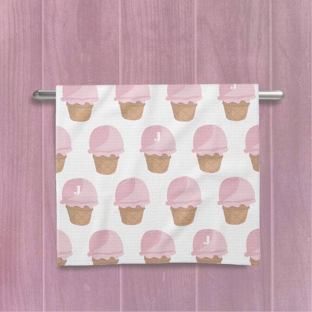 Patrón de crema de hielo rosa toalla de cocina mon (Sweet ice cream pattern kitchen towel with space for your initial)