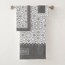 Patrón de damasco gris y blanco, bordes de vieiras