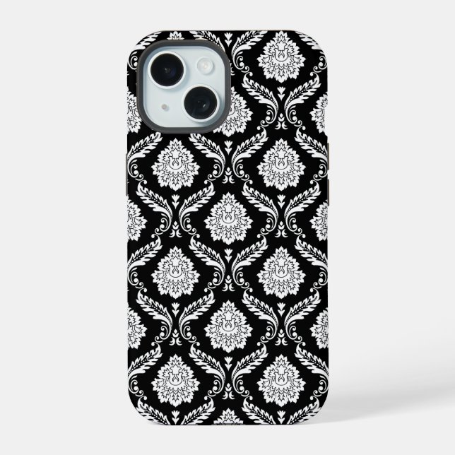 Patrón de Damasco Rococó Blanco sobre Negro  (Reverso )