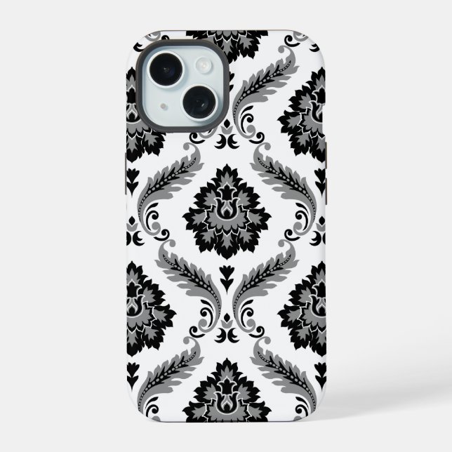 Patrón de Damasco Rococó Gris Negro Blanco (Reverso )