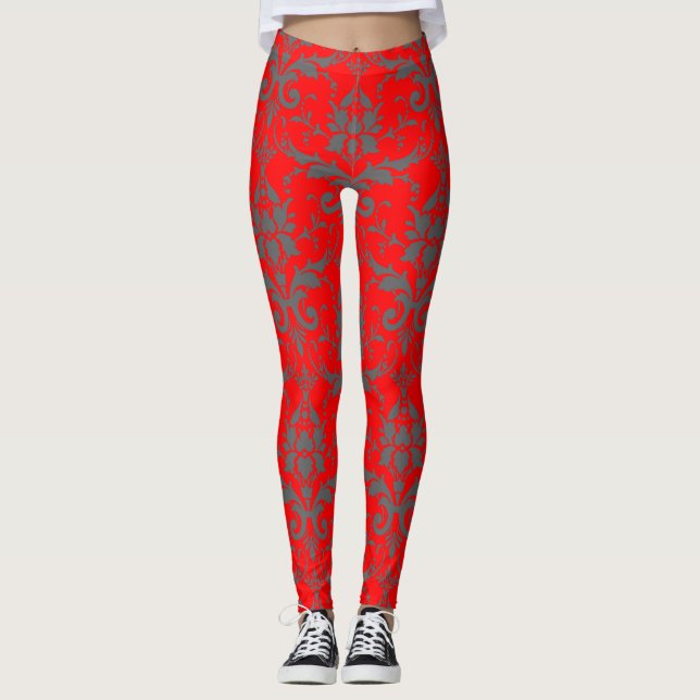 Patrón de Damasco Rojo Cutáneo Leggings para mujer (Anverso)