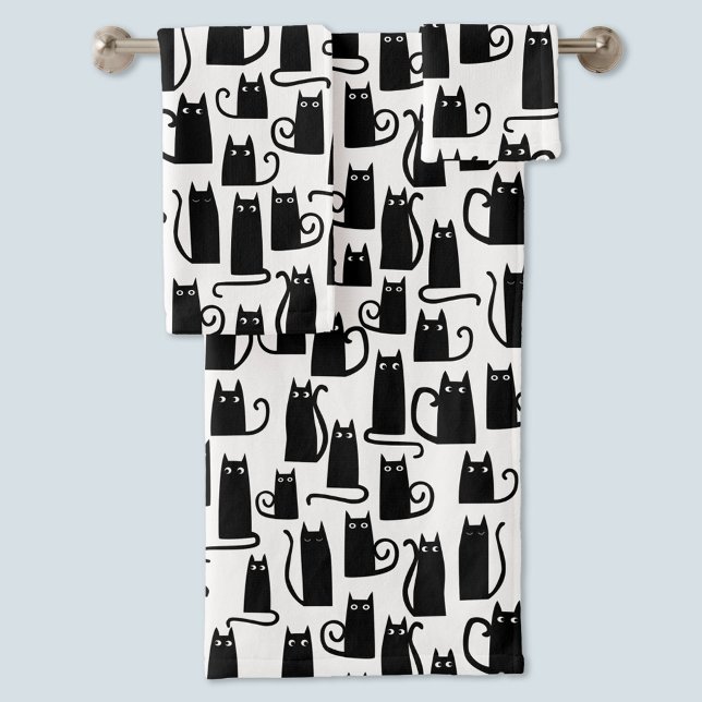 Patrón de diversión de gato negro negro negro y bl (Black cat pattern monochrome black and white fun bath hand and face towel set)