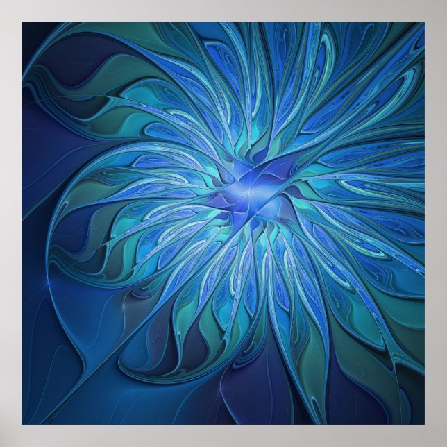 Patrón de fantasía de flor azul, arte fractal abst (Frente)