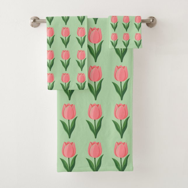 Patrón de flor de tulipán rosa moderno sobre verde (In situ)