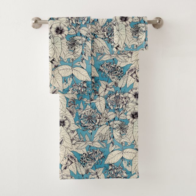 Patrón de flores gráficas en blanco azul (In situ)