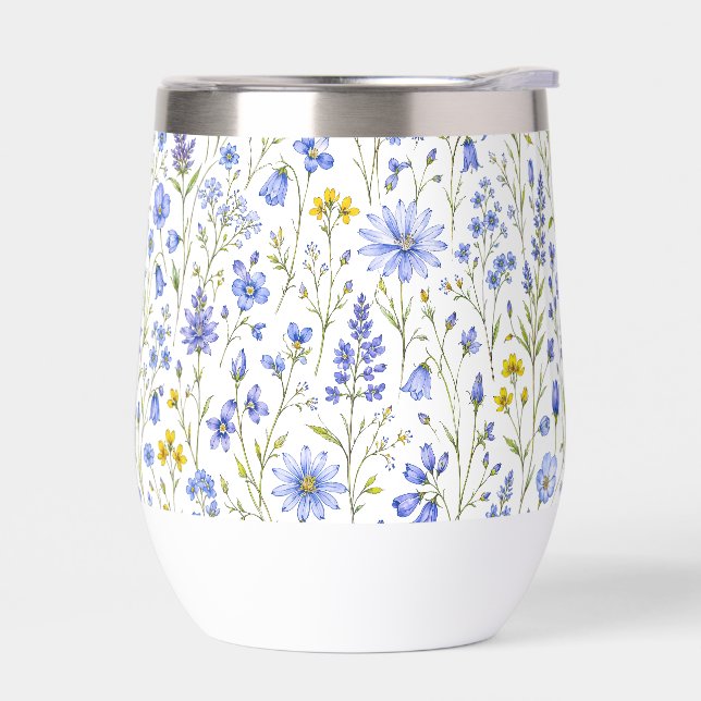 Patrón de flores silvestres acuarela azul amarillo (Izquierdo)