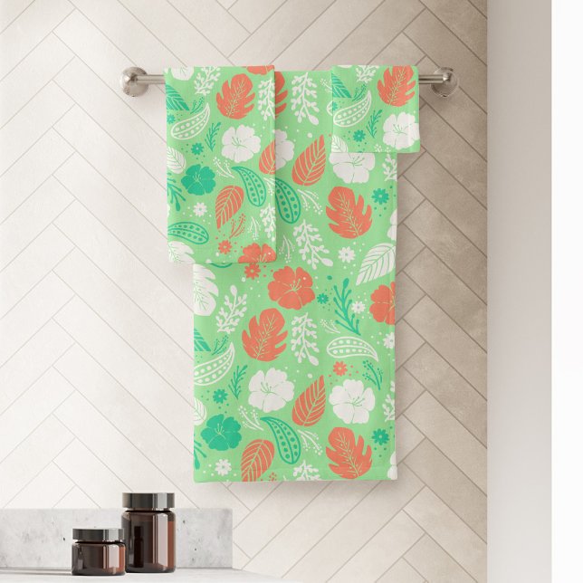 Patrón de follaje tropical verde y Naranja (Green & Orange Hibiscus and Paisley Pattern Bath Towel Set)