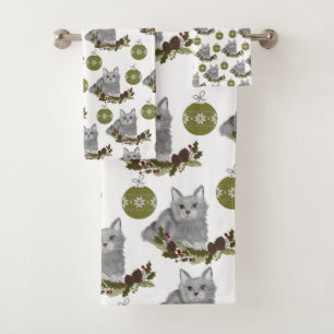 Patrón de gato gris con adornos verdes en blanco