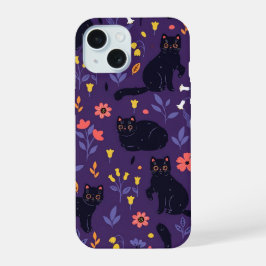 patrón de Gatos Negros y Flores Silvestres