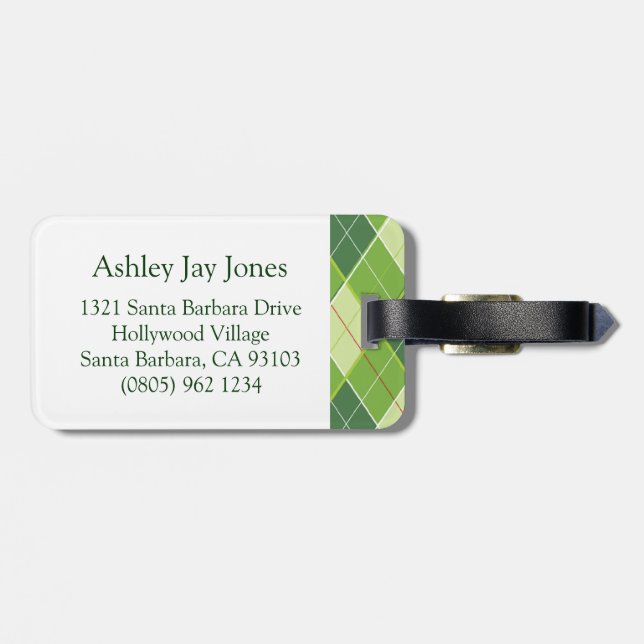 Patrón de Golf Argyle etiqueta de equipaje verde (Atrás Horizontal)