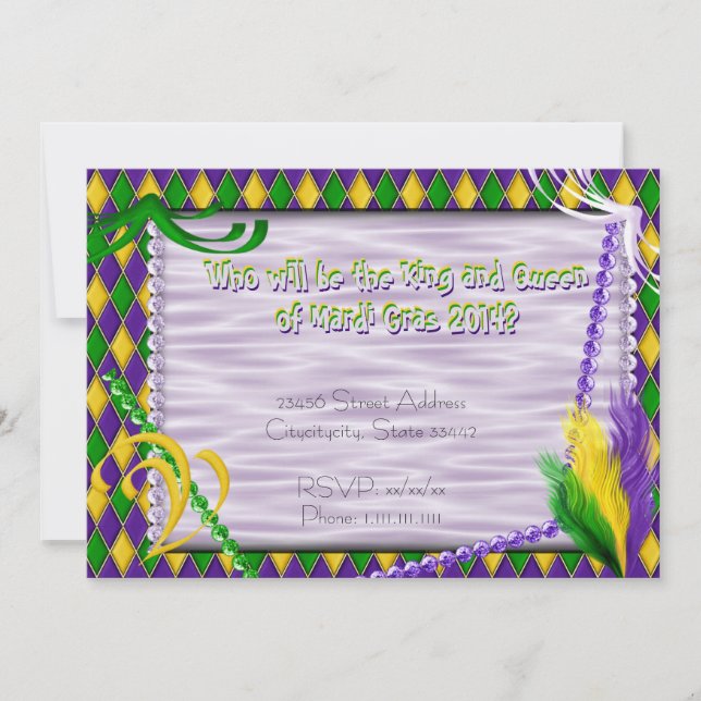 Patrón de Harlequin del Mardi Gras, cuentas, pluma (Anverso)