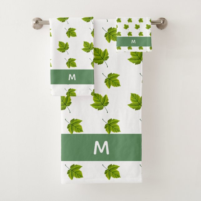 Patrón de hoja verde y monograma en blanco  (In situ)