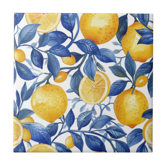 Patrón de hojas azules de Azulejo Lemons (Frente)