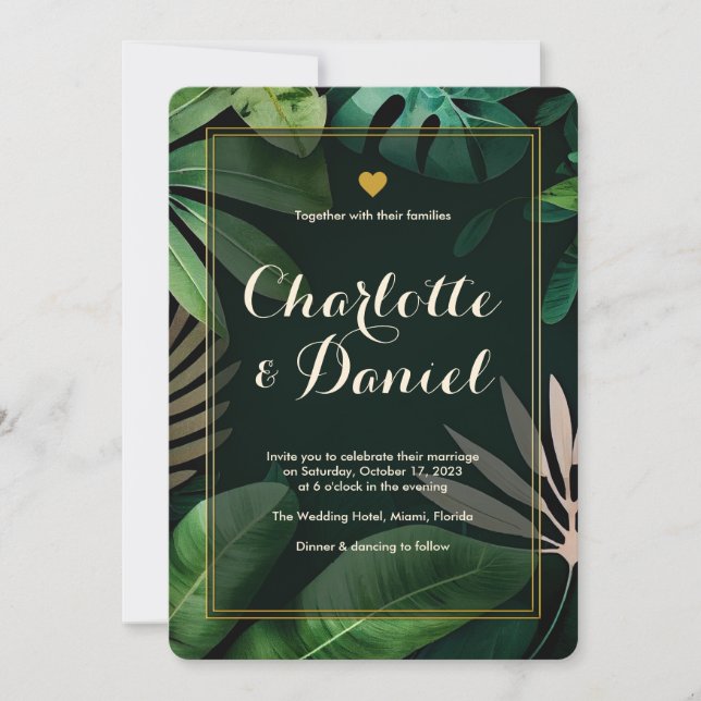 Patrón de hojas tópicas | Invitación a la boda (Anverso)